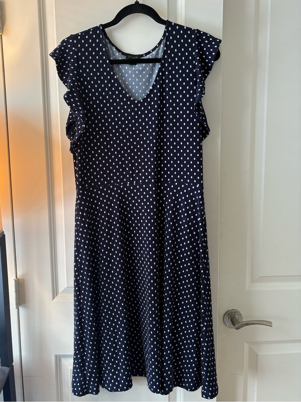Ann Taylor Factory Navy and White Polka Dot V-Neck Midi Dress